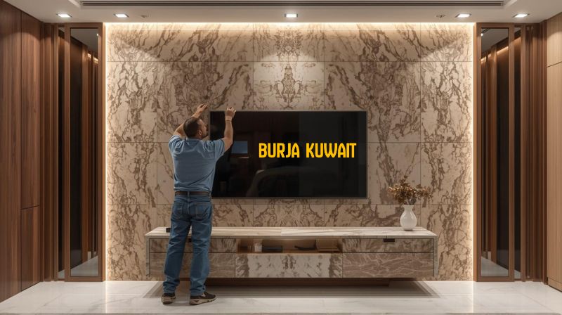 فني متخصص يقوم بتركيب ألواح بديل الرخام بدقة عالية وخلفية تلفزيون مودرن في الكويت فني متخصص يقوم بتركيب ألواح بديل الرخام بدقة عالية وخلفية تلفزيون مودرن في الكويت
