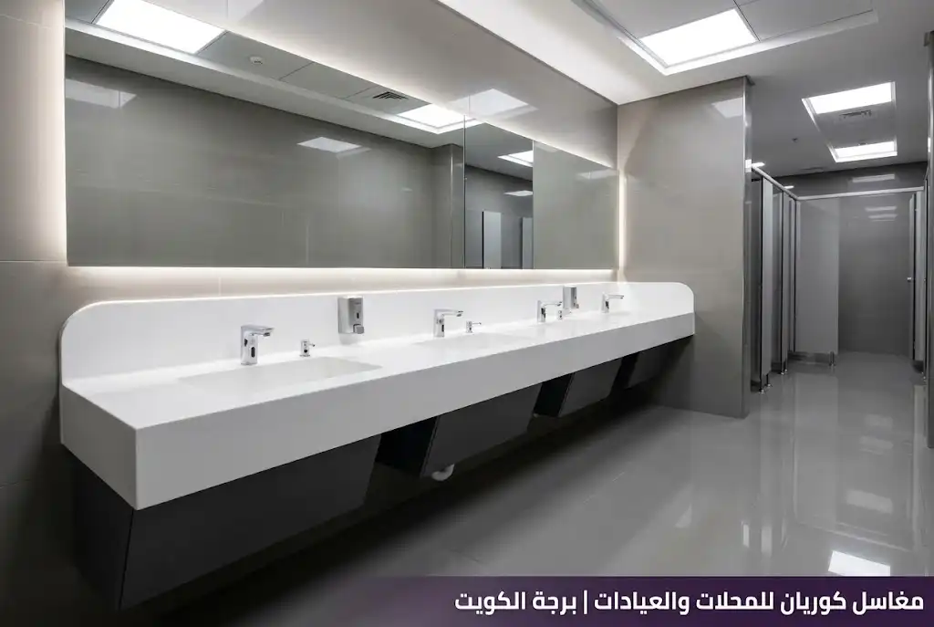 كاونتر مغاسل كوريان متعدد الأحواض في حمام تجاري