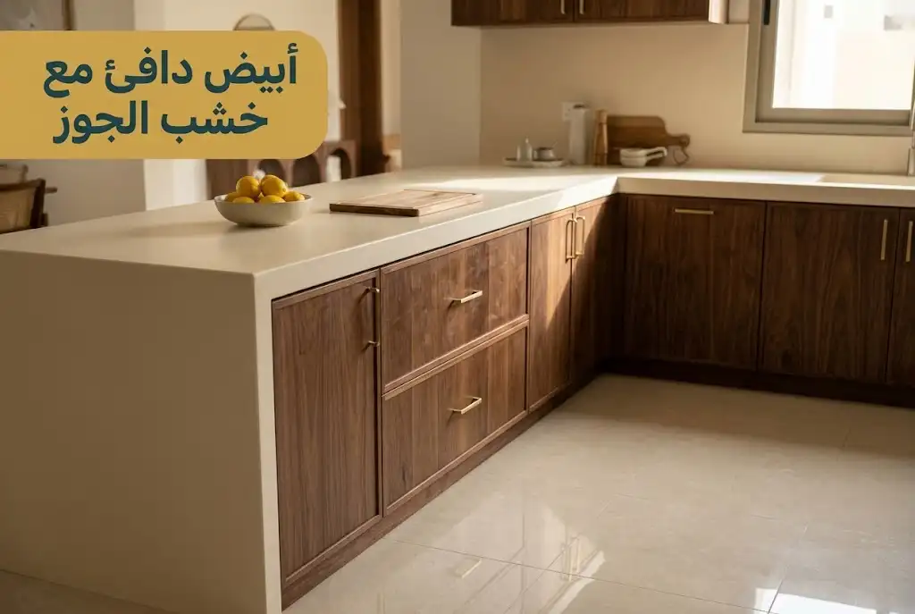 كاونتر كوريان أبيض دافئ مع خزائن خشب جوز