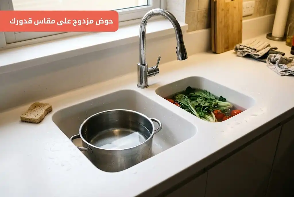 حوض كوريان مزدوج مدمج في كاونتر مطبخ