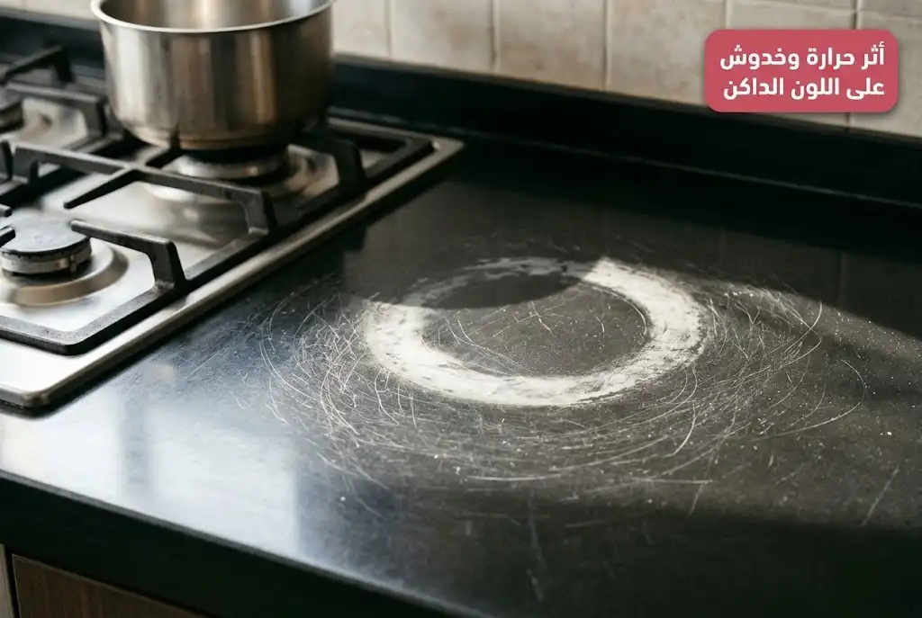 أثر حرارة وخدوش دقيقة على كاونتر كوريان داكن