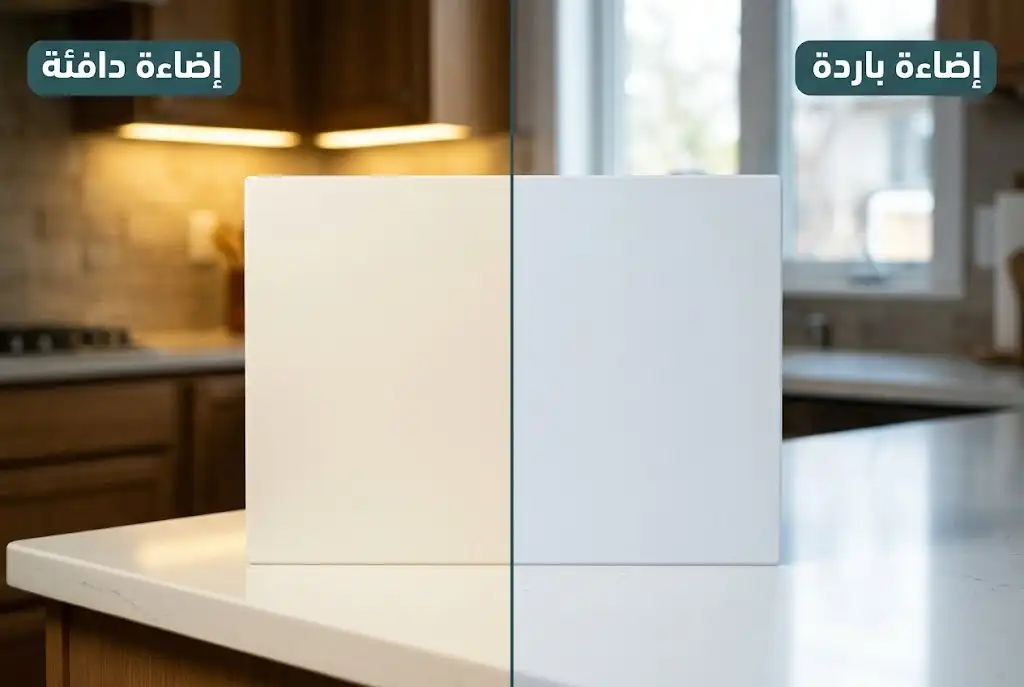 عينة كوريان بيضاء تحت إضاءة دافئة وأخرى تحت إضاءة باردة