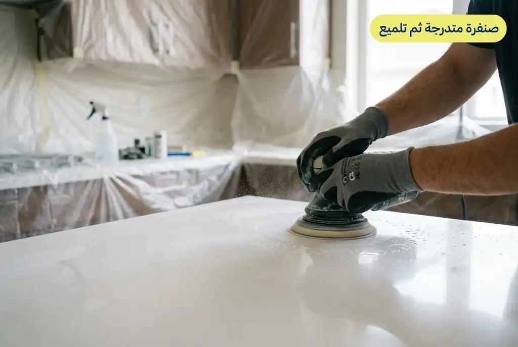 فني يصنفر ويلمع كاونتر كوريان أبيض بماكينة مدارية