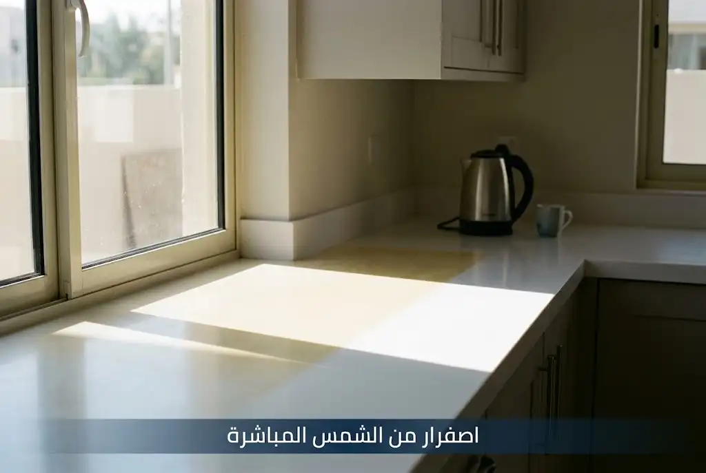 اصفرار شمس واضح على كاونتر كوريان أبيض تحت نافذة