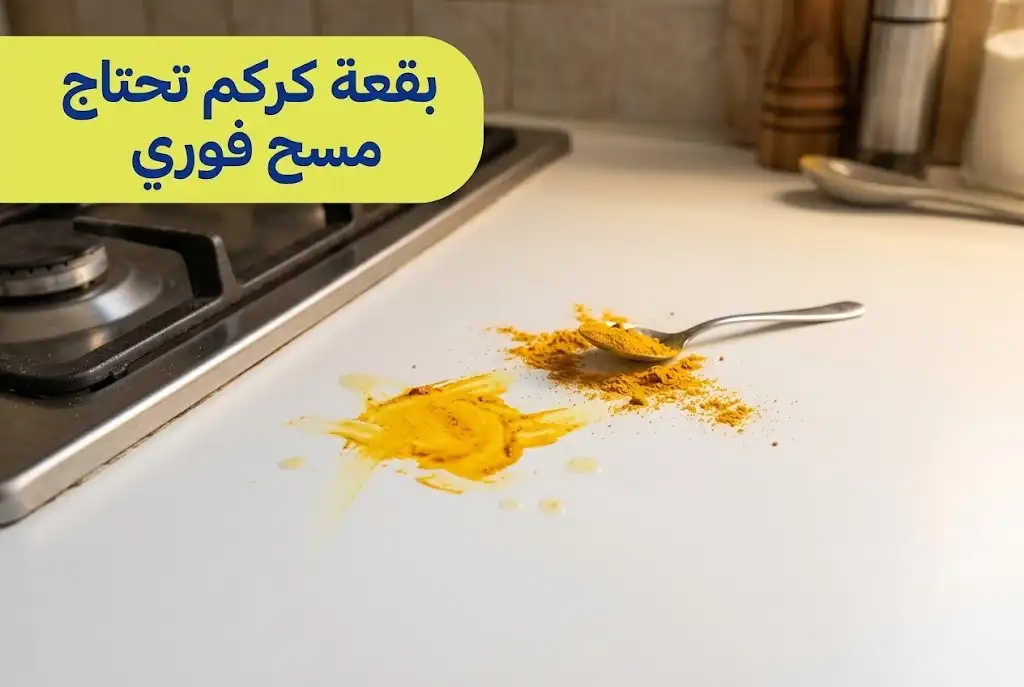 بقعة كركم صفراء على كاونتر كوريان أبيض بجانب الموقد